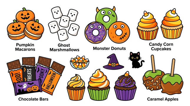 Cute Halloween sweets collection with pumpkin macarons, ghost marshmallows, monster donuts, candy corn cupcakes, chocolate bars and caramel apples vector illustration isolated on White Background