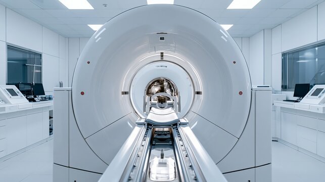 Medical CT scanner gantry ring in sharp focus and a softly blurred radiology suite behind. Concept of medical diagnostic imaging.