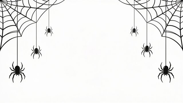 Minimalist Halloween background featuring delicate black spider webs stretched across the top corners, multiple realistic spiders hanging from thin silk threads at varying lengths, clean white backgro