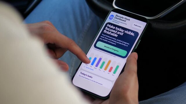 A mobile worker reviews a high productivity score, weekly performance and completed tasks on a smartphone, reflecting measurable remote work, focus tracking and flexible employment.