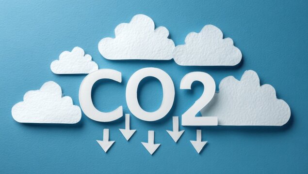 Co2 carbon reduction concept represented by paper clouds and downward arrows with reduction emissions downward environment pollution sustainability minimalist atmosphere sustainable