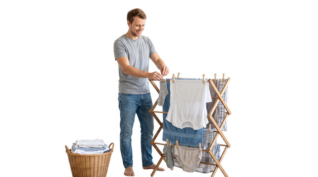 Young man hanging wet laundry on wooden drying rack, domestic housework and chores concept, male person doing laundry isolated on white background