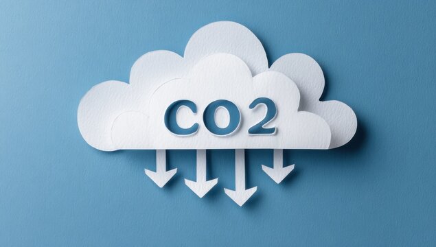 Carbon dioxide emission reduction symbolic paper cloud art on textured blue surface with reduction emissions downward environment pollution sustainability minimalist atmosphere