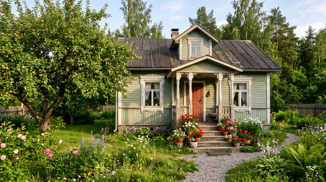 dacha traditional exterior, faded sage green boards, white carved wooden details, covered porch, blooming flowers, authentic lived-in character