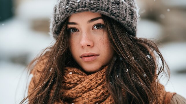 Woman wearing winter hat and scarf outdoors in snow