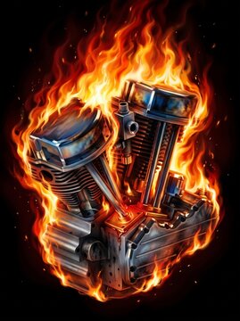 v2 engine machine burning by flames