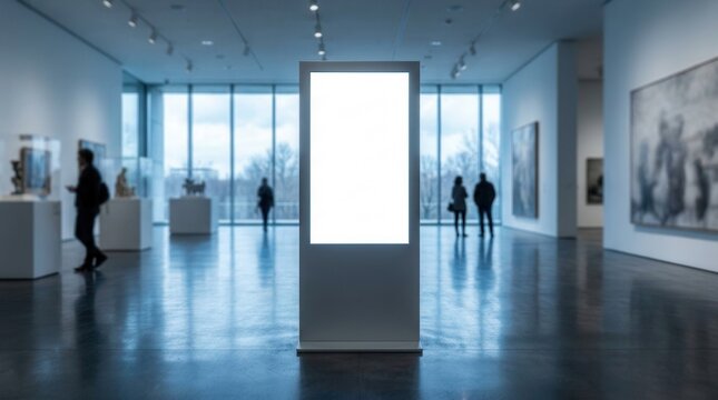 Blank digital signage screen mockup featuring educational content and exhibit information in a museum