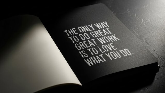 Opened notebook displaying a motivational quote on black page with a lit-up inspirational message