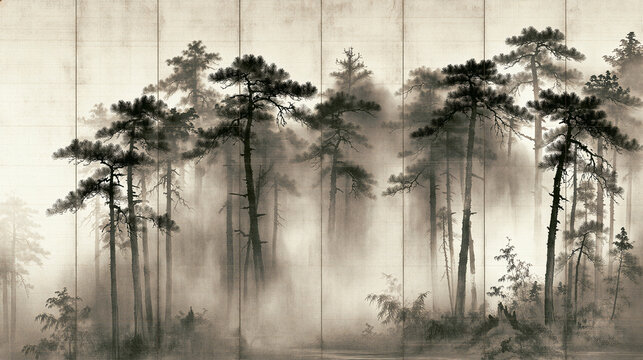 Traditional Japanese ink painting of a minimalist pine forest in mist