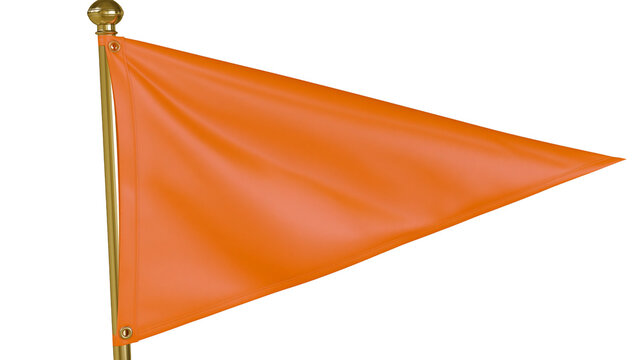 Bright orange triangular flag on a golden pole, isolated on transparent background