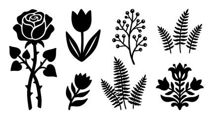 Collection of black silhouette botanical including a rose, tulips, fern leaves, and berry sprigs on a white background © Nirmol