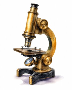 Antique brass microscope watercolor illustration