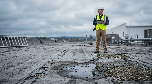 Deteriorated membrane surface on a flat commercial roof being assessed for hail damage by an adjuster.