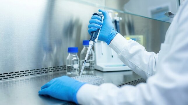Precise pipetting action performed inside a biosafety level 2 laminar flow hood, medium shot with blurred workspace.