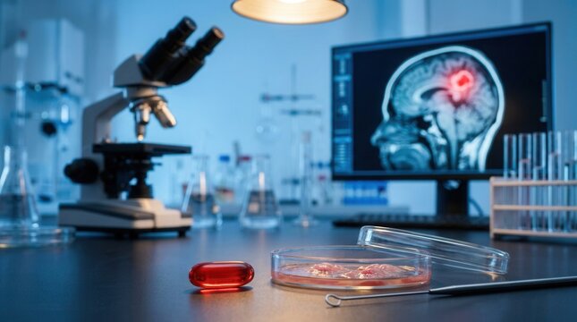 Nutrient-based research in a focused oncology lab showing a nicotinamide capsule beside a petri dish of cultured brain tumor cells, a microscope, and a brain scan.