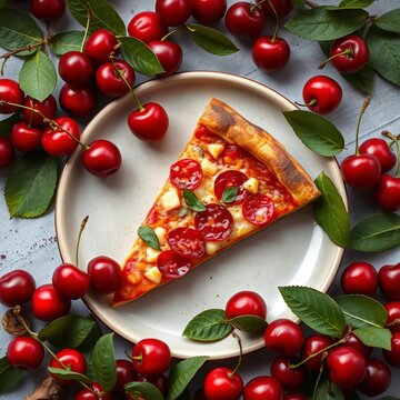 A slice of pizza on a plate surrounded by cherries and leaves, yellow, wholesome