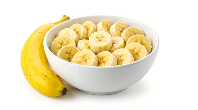 Fresh banana and a bowl full of banana slices isolated on white background