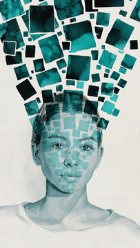 Abstract digital art of a woman's face with pixelated effects.
