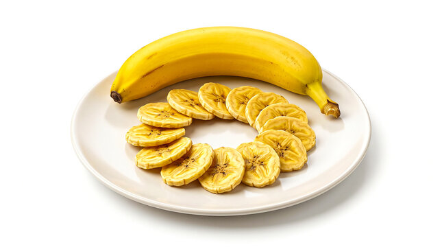 Fresh banana and banana slices arranged on a white plate isolated on white background