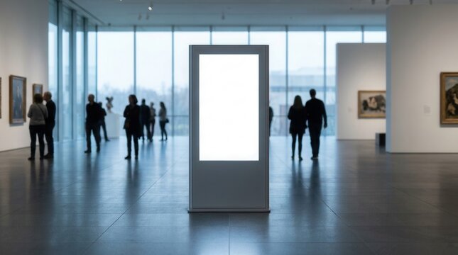 Educational content and exhibit information on a blank digital signage screen mockup inside a museum
