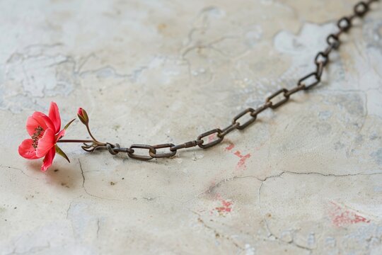 Pink flower attached rusted chain on cracked concrete surface artistic photo