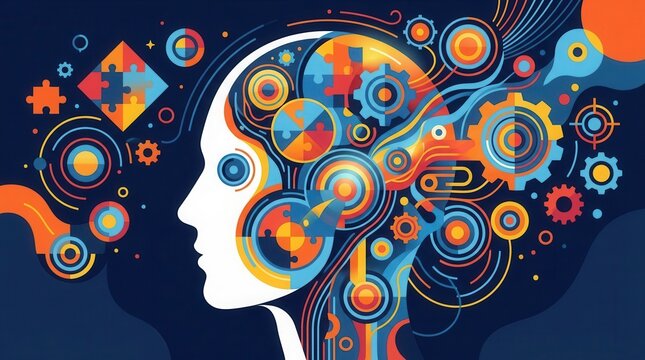 Various exercises for the brain, featuring critical thinking activities, puzzles, and memory games in a colorful illustration.