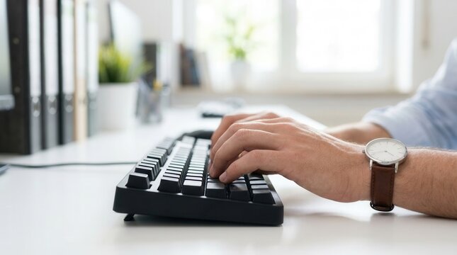 Hands of a volunteer typing on a desktop computer for secure recordkeeping, with a soft blur in the background.