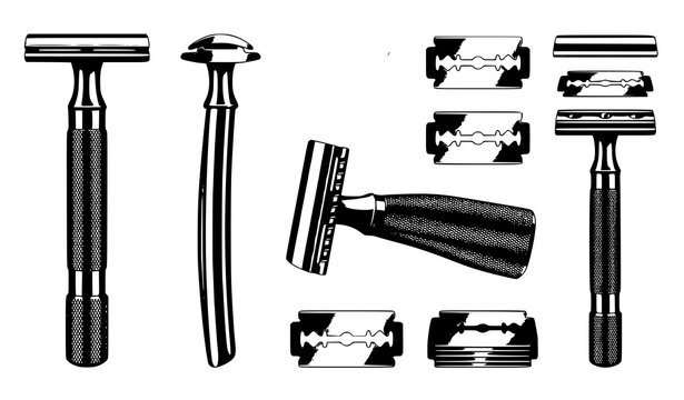 Reusable stainless steel safety razor vector collection with double edge blade isolated on white background