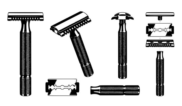 Stainless steel reusable safety razor and double edge blade editable vector illustration isolated on white background