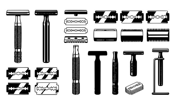 Premium stainless steel reusable safety razor with double edge blade editable vector collection isolated on white background