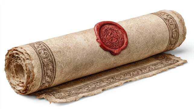 Rolled old parchment scroll sealed with red wax