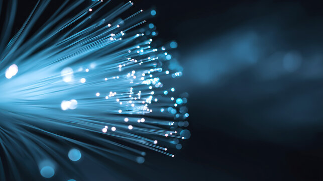 Detail of fiber optic cables glowing on a dark background. Concept of modern infrastructure, secure data storage, and efficient server connections.