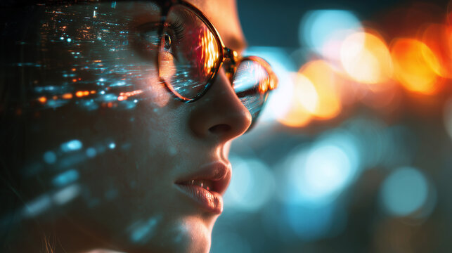 Profile portrait of a girl merged with glowing urban lights. Concept of future vision, artificial intelligence, and digital integration in modern life.