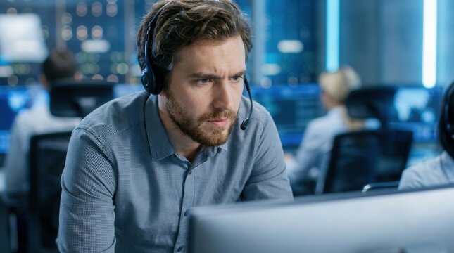 A technical support operator diagnosing issues and routing requests to specialized teams while managing urgent IT incident calls, medium shot.