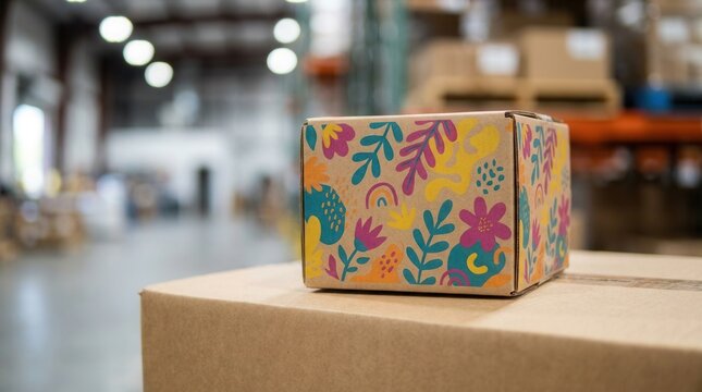 A crisp closeup of personalization options on custom printed corrugated packaging with vibrant designs in a warehouse setting.