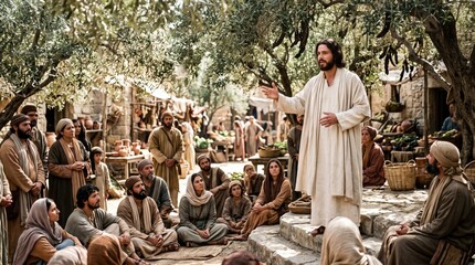 Fototapeta premium Jesus Christ teaching the multitude in an ancient village. Man preaching to a group of men, woman and kid under trees. Spiritual lesson and biblical scene concept for historical religion.