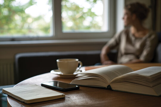 A serene indoor scene featuring a woman lost in thought while observing the view outside, surrounded by a cup of coffee, a smartphone, and an open book.