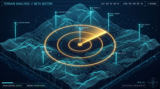 3D terrain analysis HUD wireframe map screen with radar sweep scanning telemetry data visualization