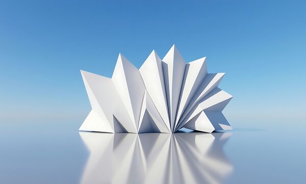 Abstract 3D architectural render of white wing-like parametric structure on reflective surface, clear blue sky background