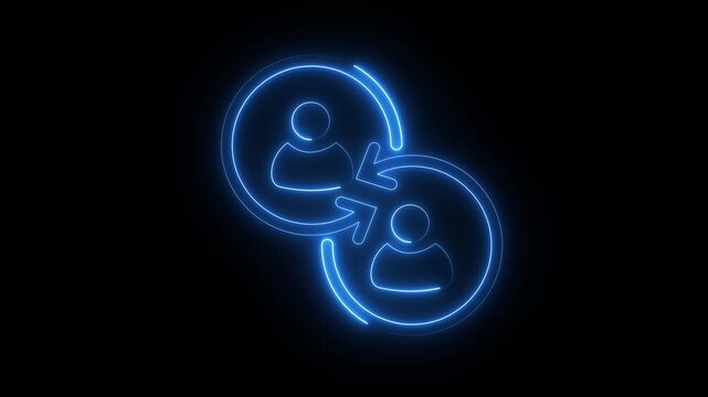 Neon affiliate program, futuristic digital innovative online business strategy, blue neon user transfer icon with two connected people profiles and exchange arrows on dark background..