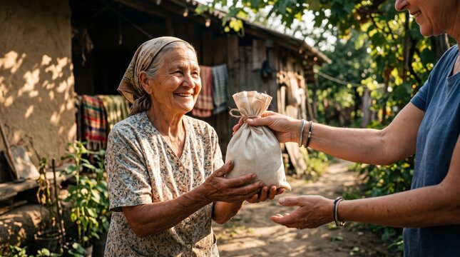 Senior woman giving cloth bag to another woman in rural village setting. Concept of charity, kindness, sharing and helping neighbor. Biblical principle of giving and unconditional love.