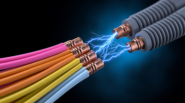 Electric arc between two sets of electrical cables, representing power transmission, energy connection, and electrical engineering concepts