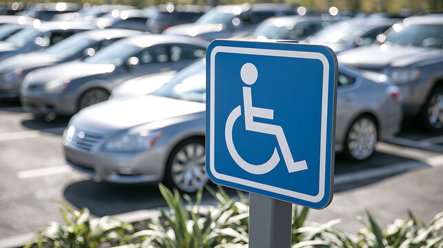 Handicap parking sign in a parking lot with many cars accessible parking space reserved for people with disabilities