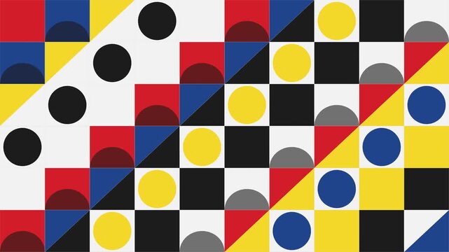Abstract geometric Bauhaus style pattern with colorful circles, squares, triangles, checkerboard grid tiles, minimalist retro modern vector art background design