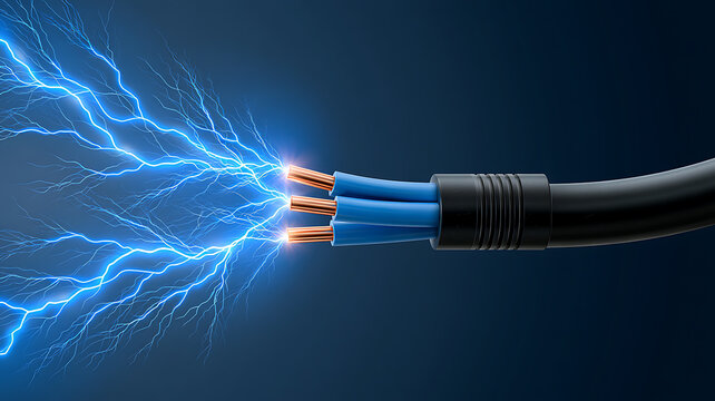 Electric cable with three copper wires emitting electrical sparks and lightning bolts on a dark blue background