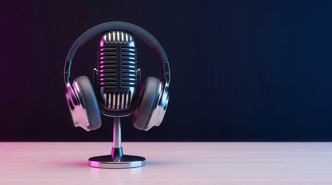 Podcasting and radio concept mock up with headphones and retro microphone on a wooden table, set against a dark blank wall background 3D rendering.