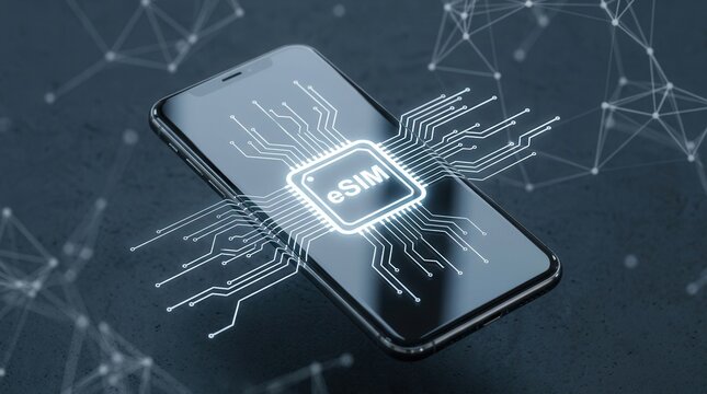 3D rendering of a smartphone featuring an Esim chip card icon and circuit on a blurry light polygonal background.