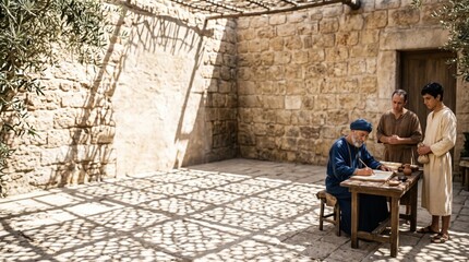 Fototapeta premium Ancient scribe writing on parchment at wooden table in courtyard. Middle eastern man recording scripture with student and assistant. Historical religious scene in biblical setting.
