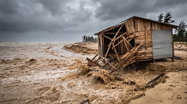 Damaged wooden house built on sand collapsing due to flood water. Biblically inspired metaphor of building house on sand without foundation as storm waves destroy weak structure home.