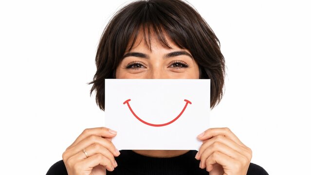  Concept de sant&eacute; mentale : Jeune femme fran&ccedil;aise cachant ses vraies &eacute;motions derri&egrave;re une feuille de papier avec un faux sourire dessin&eacute;. Portrait sur fond blanc
